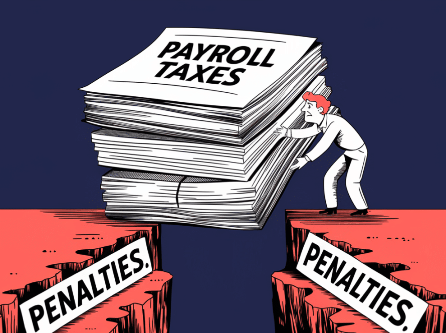 A stack of papers labeled "Payroll Taxes" about to fall into a chasm.