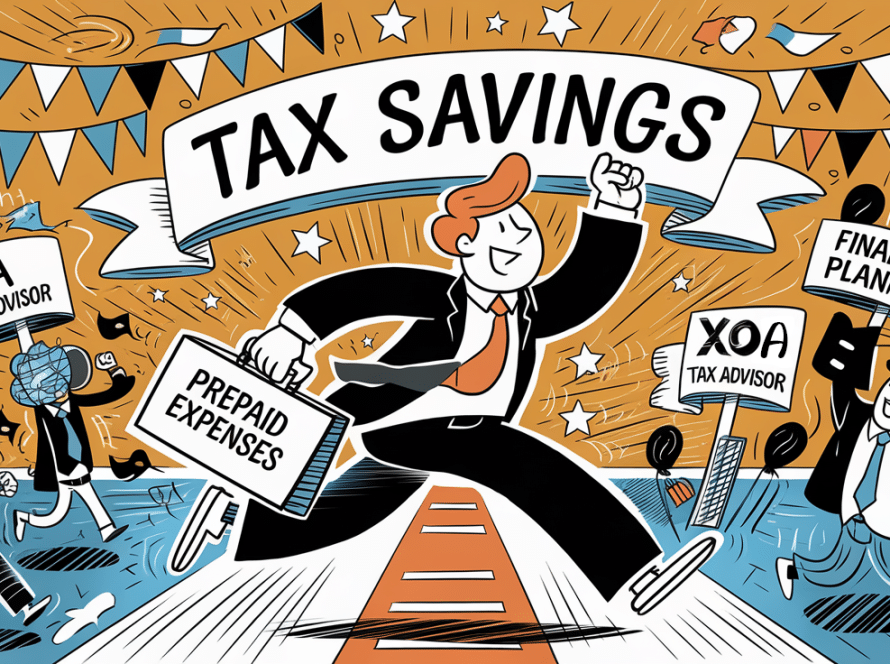 An advertising illustration of a business owner confidently achieving tax savings with the help of prepayment strategies and expert advice.