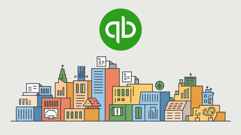 A stylized cityscape with icons representing QuickBooks Online features.