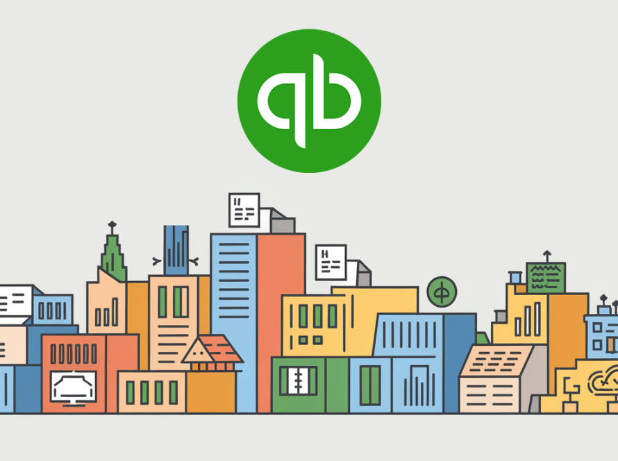 A stylized cityscape with icons representing QuickBooks Online features.