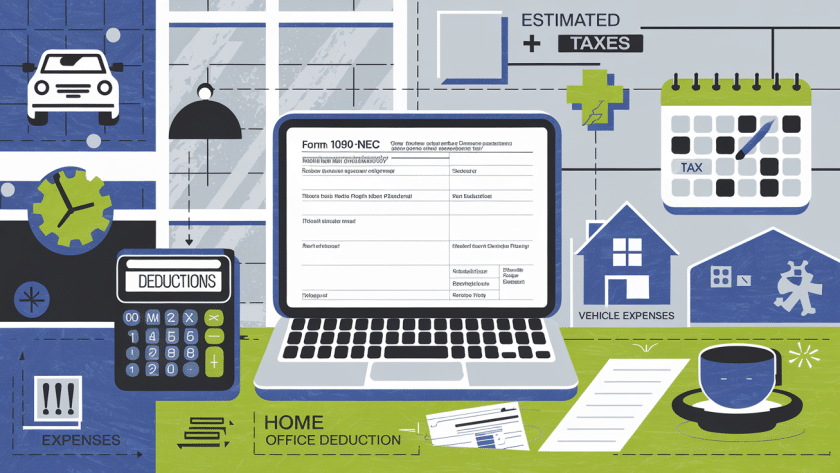 A block illustration depicting a real estate agent's workspace with tax-related elements.
