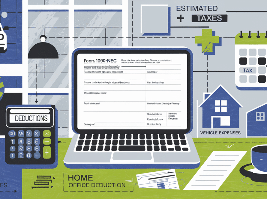 A block illustration depicting a real estate agent's workspace with tax-related elements.