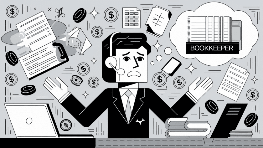 A small business owner juggling multiple tasks while thinking about hiring a bookkeeper.
