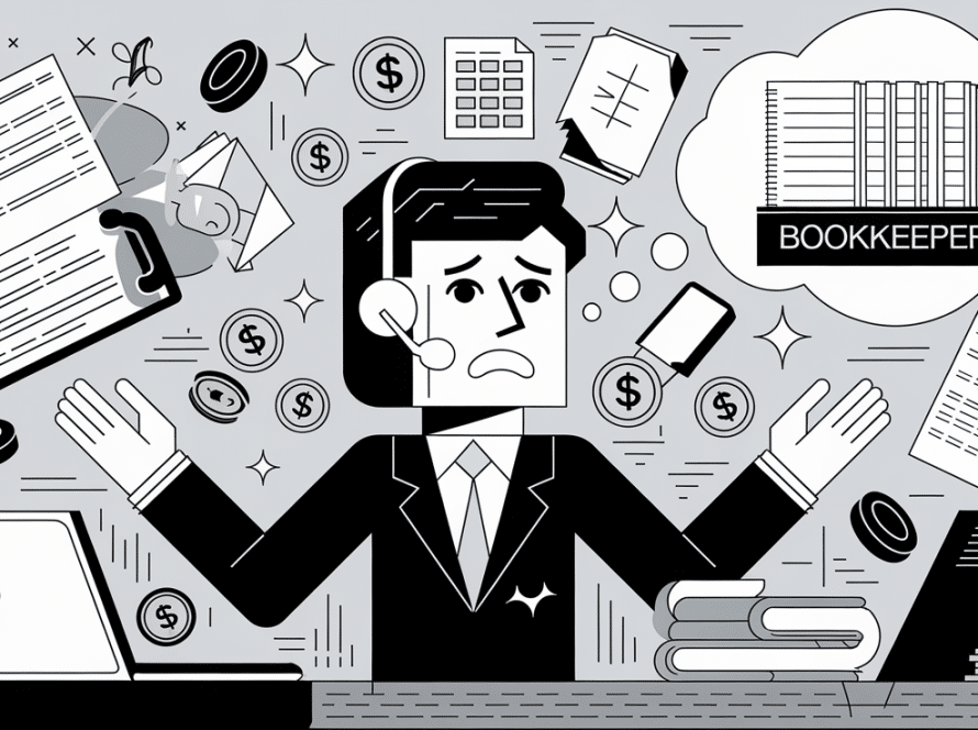 A small business owner juggling multiple tasks while thinking about hiring a bookkeeper.
