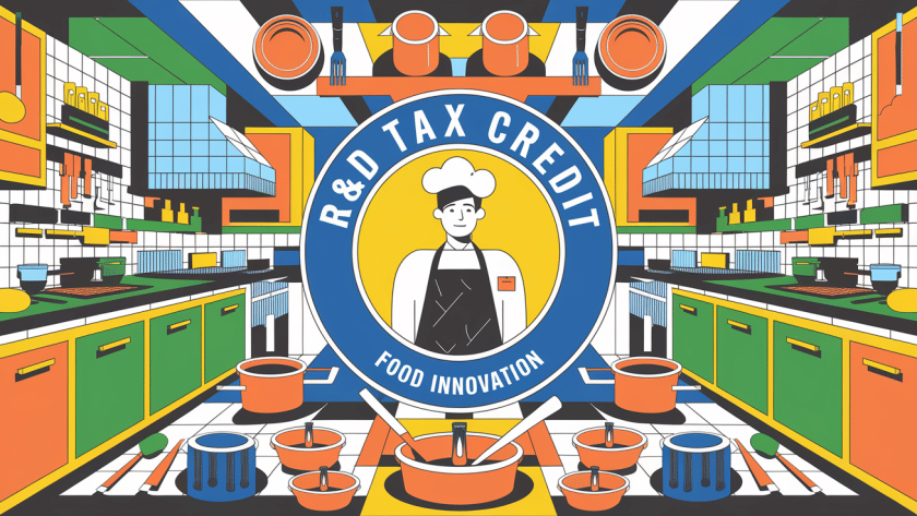 A block illustration of a chef surrounded by icons representing food innovation, R&D, and tax breaks.