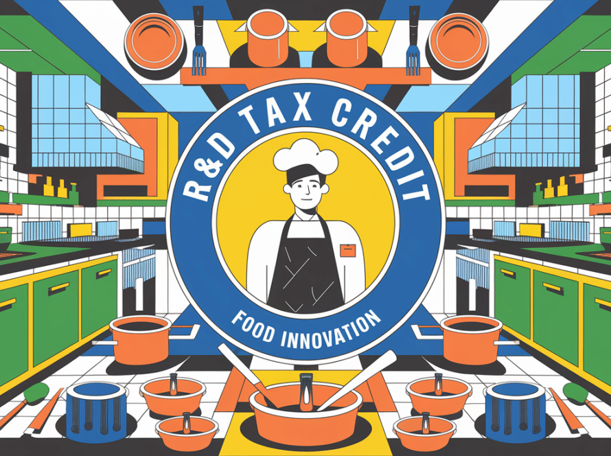 A block illustration of a chef surrounded by icons representing food innovation, R&D, and tax breaks.