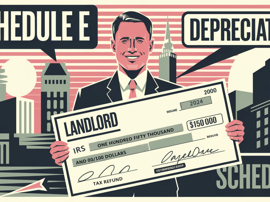 A stylized illustration of a happy landlord holding a large tax return check, with a cityscape in the background.