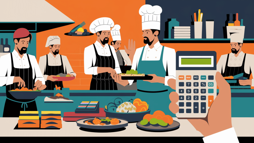 Block illustration of a restaurant kitchen with chefs and a calculator.