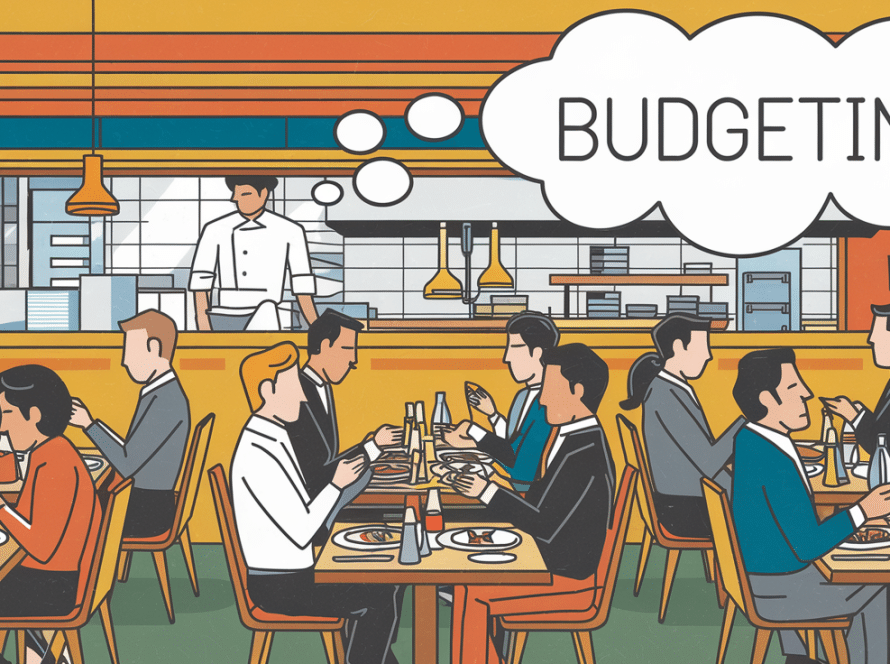 A colorful block illustration of a busy restaurant with the word "Budgeting" in a thought bubble.