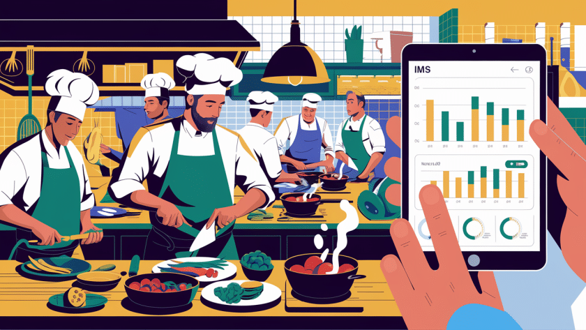 A vibrant illustration of a restaurant kitchen with chefs and a manager using an IMS tablet.