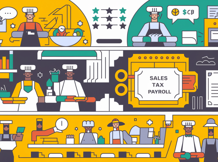 A block illustration depicting the key aspects of restaurant finances: sales tax, payroll, and compliance.