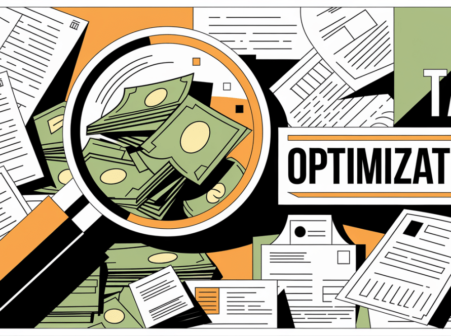 A graphic illustration of a magnifying glass inspecting financial documents and money, with the text "Tax Optimization."
