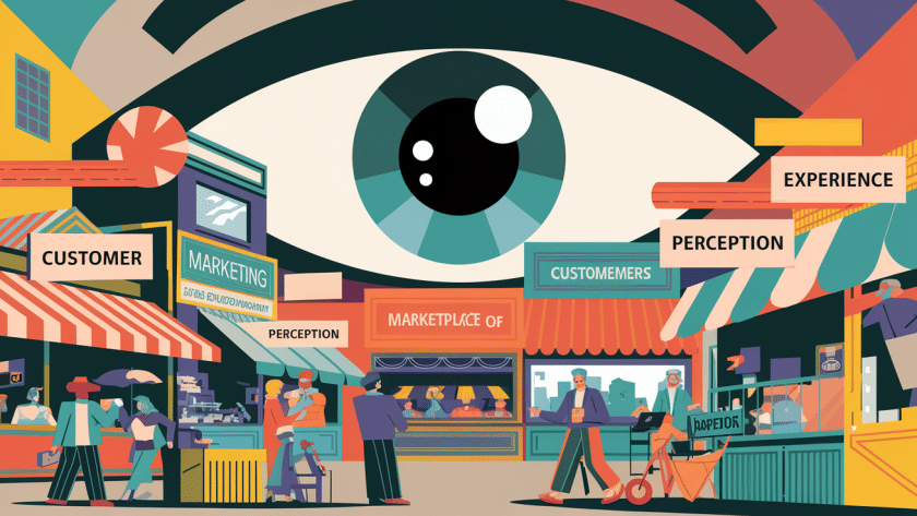A large eye observes a busy marketplace with signs emphasizing "Customer," "Experience," and "Perception."