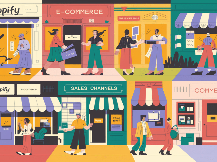 A vibrant block illustration depicting a bustling online marketplace with various storefronts representing different sales channels.