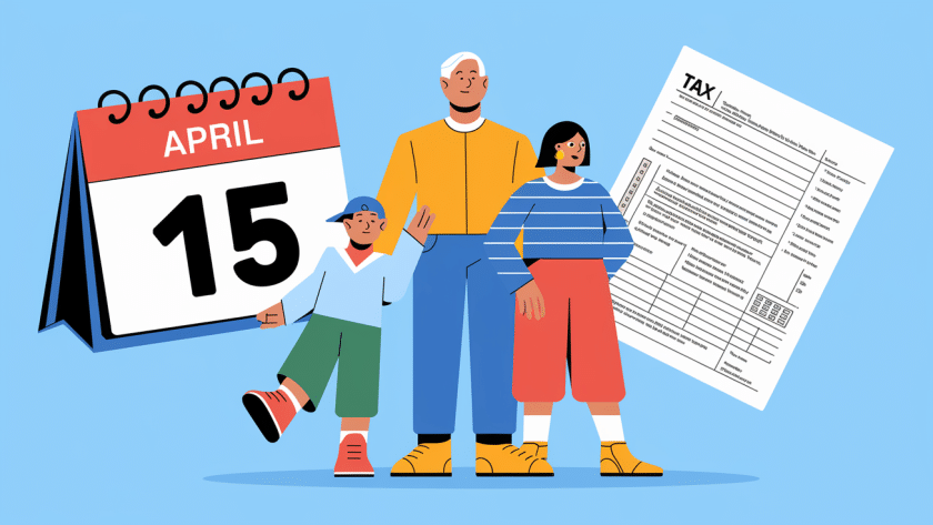 Advertising illustration of a family with a tax return form, calendar, and the keyword "Refund."
