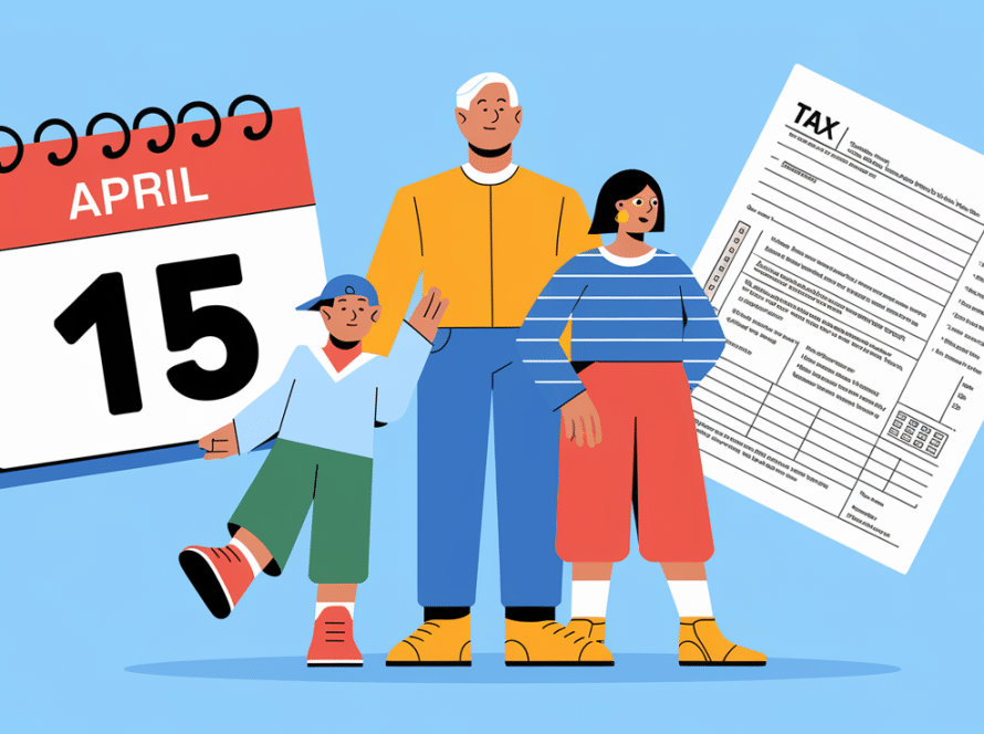 Advertising illustration of a family with a tax return form, calendar, and the keyword "Refund."