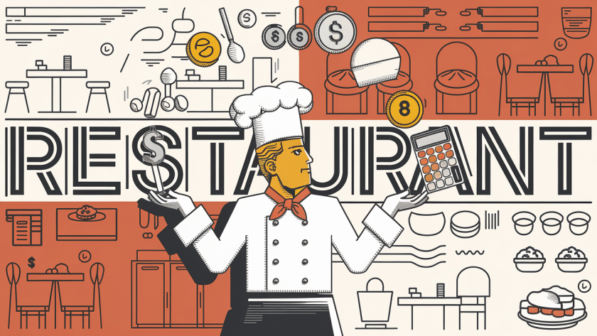 A chef juggling financial symbols and kitchen tools, representing the challenges of restaurant financial management.