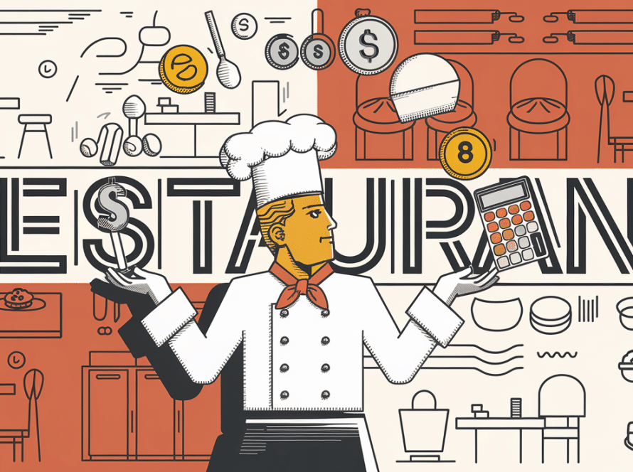 A chef juggling financial symbols and kitchen tools, representing the challenges of restaurant financial management.