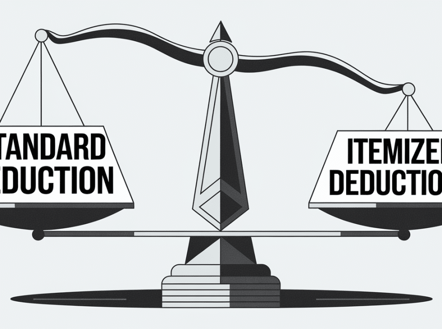 Block illustration of a balance scale with "Standard Deduction" on one side and "Itemized Deductions" on the other.