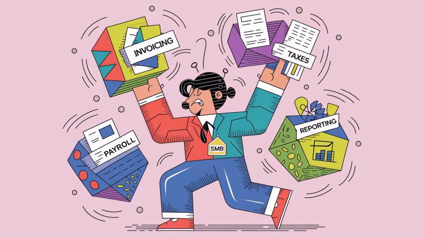 A person juggling colorful shapes labeled with accounting tasks, looking overwhelmed.