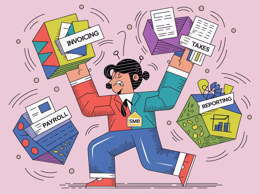 A person juggling colorful shapes labeled with accounting tasks, looking overwhelmed.