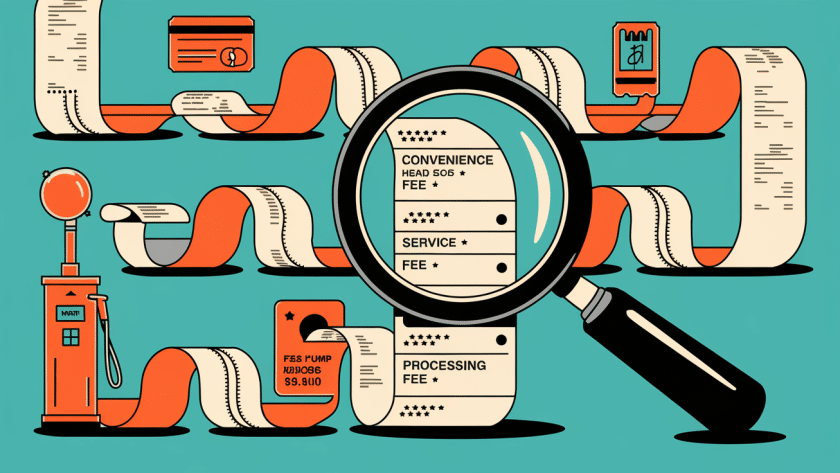 A magnifying glass inspecting a receipt with hidden fees.