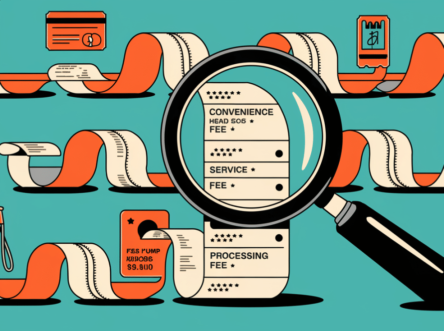 A magnifying glass inspecting a receipt with hidden fees.