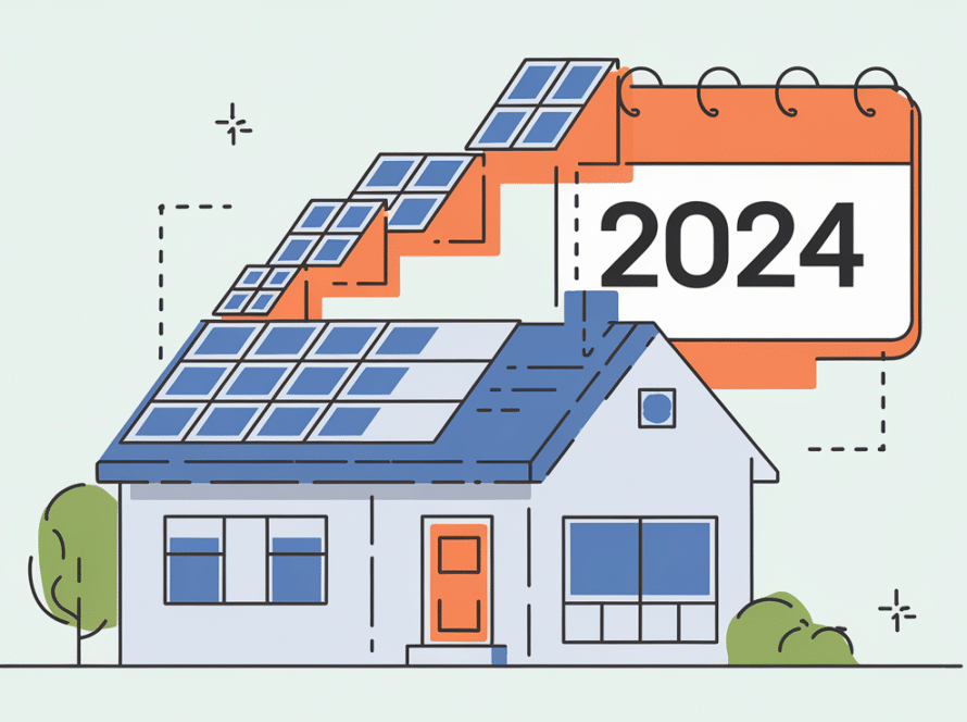A house with expanding solar panels and a calendar showing the year 2024.