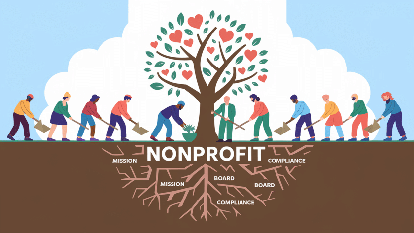 People planting a tree labeled "Nonprofit."