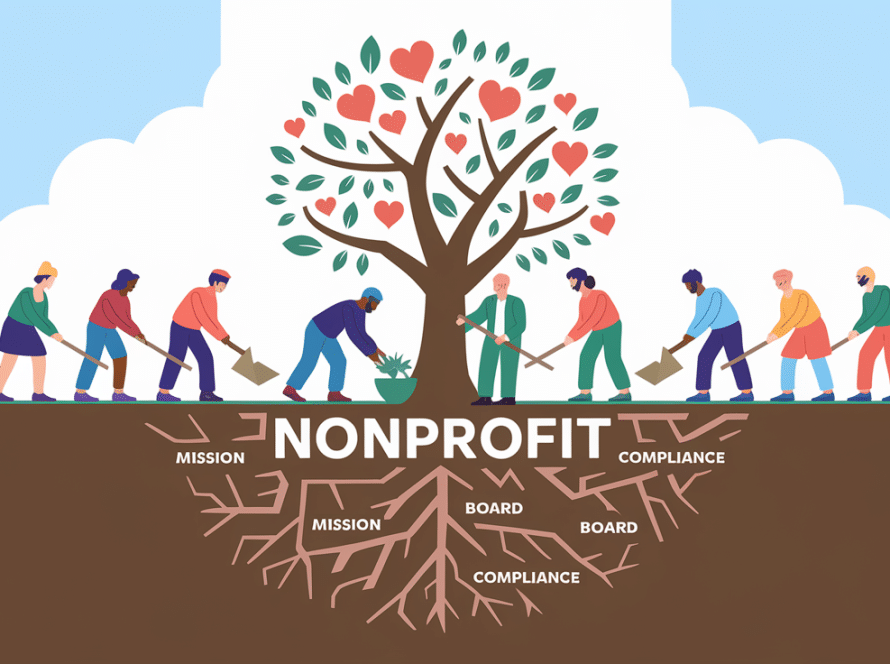 People planting a tree labeled "Nonprofit."