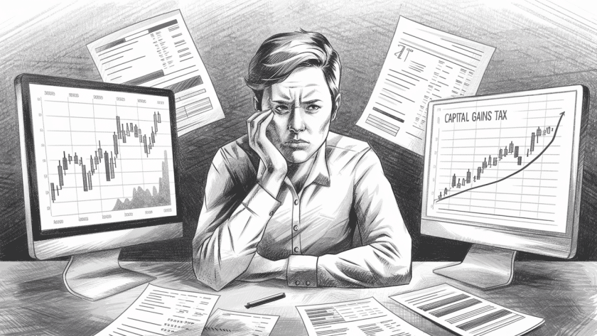 Pencil illustration of a person reviewing financial documents and a stock market chart, representing the complexities of investment tax planning.