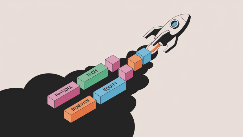 A rocket labeled "Tech Startup" launching upwards, leaving a trail of blocks labeled "Payroll," "Benefits," and "Equity."