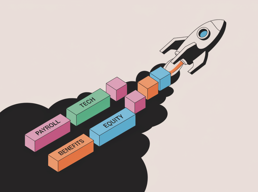 A rocket labeled "Tech Startup" launching upwards, leaving a trail of blocks labeled "Payroll," "Benefits," and "Equity."