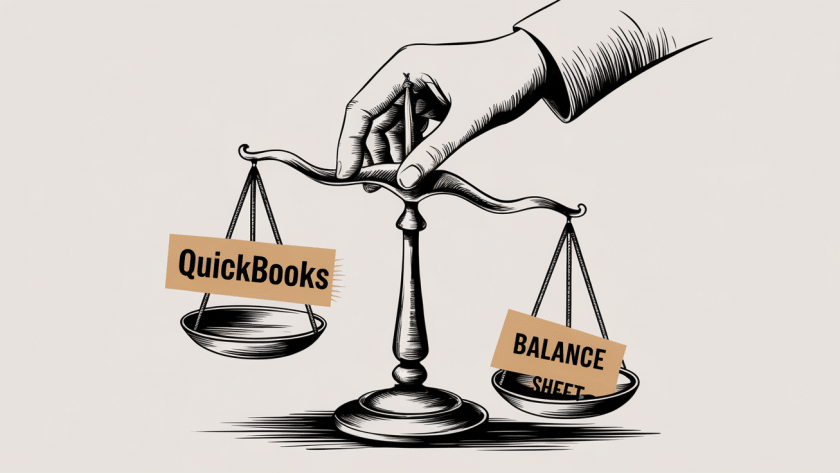 A hand balancing a scale labeled "QuickBooks" and "Balance Sheet."