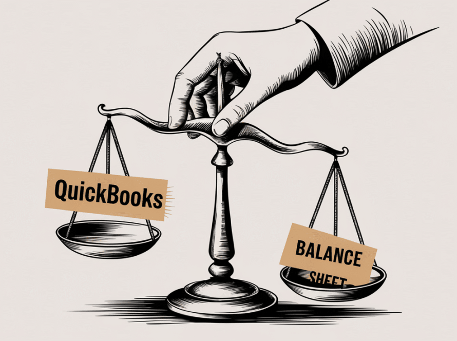 A hand balancing a scale labeled "QuickBooks" and "Balance Sheet."