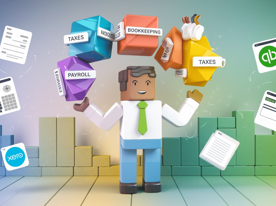 A person juggling colorful shapes labeled with bookkeeping tasks, surrounded by software icons.
