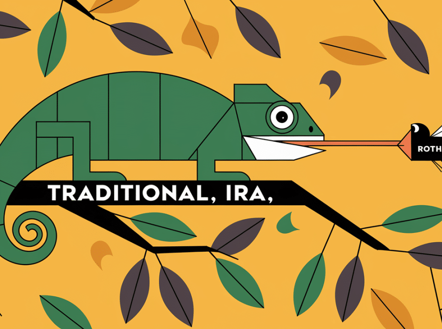 A colorful block illustration of a chameleon transferring between branches labeled "Traditional IRA" and "Roth IRA."