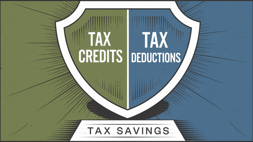 A block illustration of a shield divided in half, with "Tax Credits" on one side and "Tax Deductions" on the other, representing protection from a high tax bill.