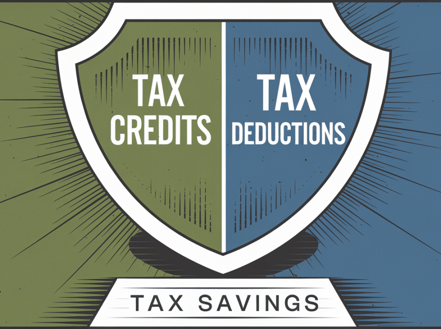 A block illustration of a shield divided in half, with "Tax Credits" on one side and "Tax Deductions" on the other, representing protection from a high tax bill.