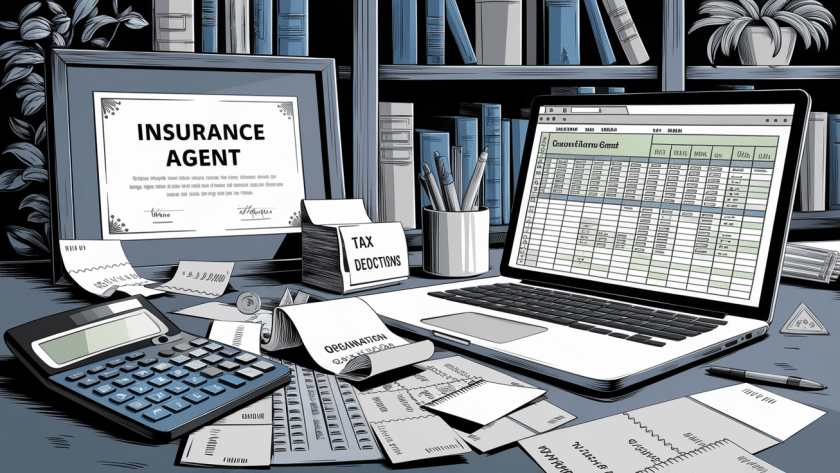 An ink drawing of an insurance agent's desk with tax-related items.