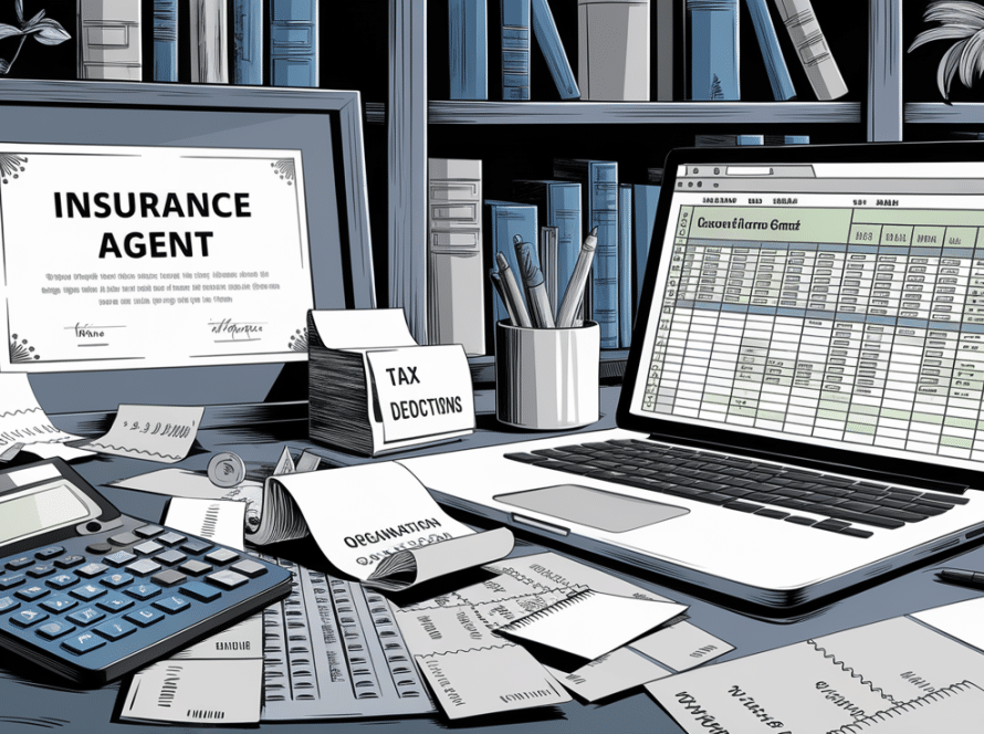 An ink drawing of an insurance agent's desk with tax-related items.