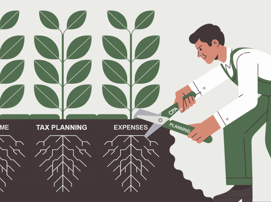 Block illustration of a CPA tending to a plant representing a business, with leaves as "Income" and roots as "Expenses."