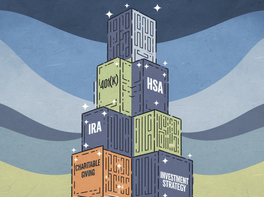 A stylized skyscraper built with blocks labeled with tax-saving strategies.