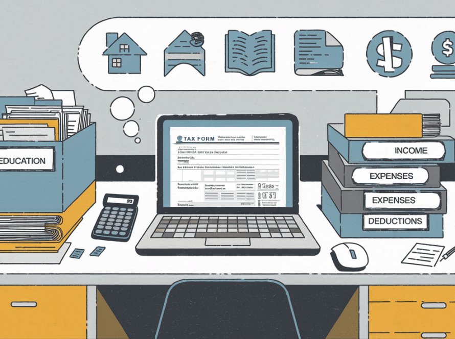 A block illustration of a therapist's desk with tax-related items, emphasizing organization for tax management.