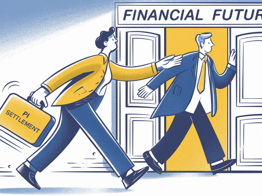 A person with a "PI Settlement" briefcase being guided towards "Financial Future" by a tax professional.