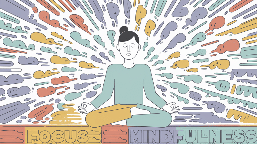 A person meditating calmly amidst a chaotic swirl of distractions.