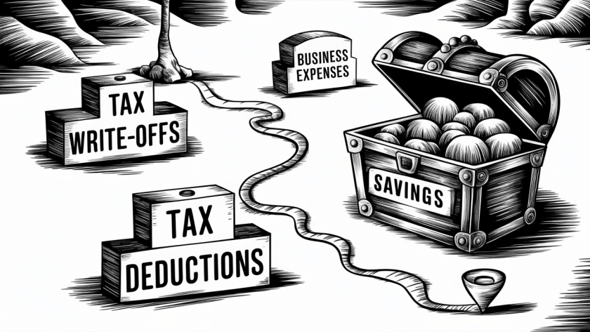 A treasure map leading to a treasure chest labeled "Tax Savings," with landmarks indicating "Tax Write-Offs," "Tax Deductions," and "Business Expenses."
