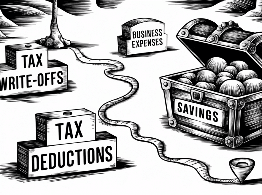 A treasure map leading to a treasure chest labeled "Tax Savings," with landmarks indicating "Tax Write-Offs," "Tax Deductions," and "Business Expenses."
