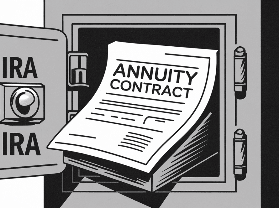 Block illustration of an annuity contract inside an IRA safe deposit box.