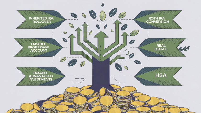 A stylized tree growing from coins, with branches representing reinvestment strategies for inherited IRAs.